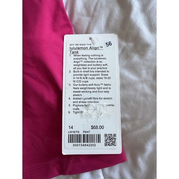 New Lululemon Align Tank Top Cropped Size 14 Passionate Pink LWEITS Bra Built In - Picture 2 of 10